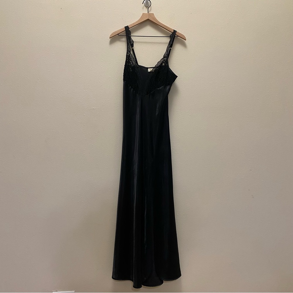 Vintage Victoria’s Secret Gold Label Black Lace Maxi Slip Dress Deep V Side Slit